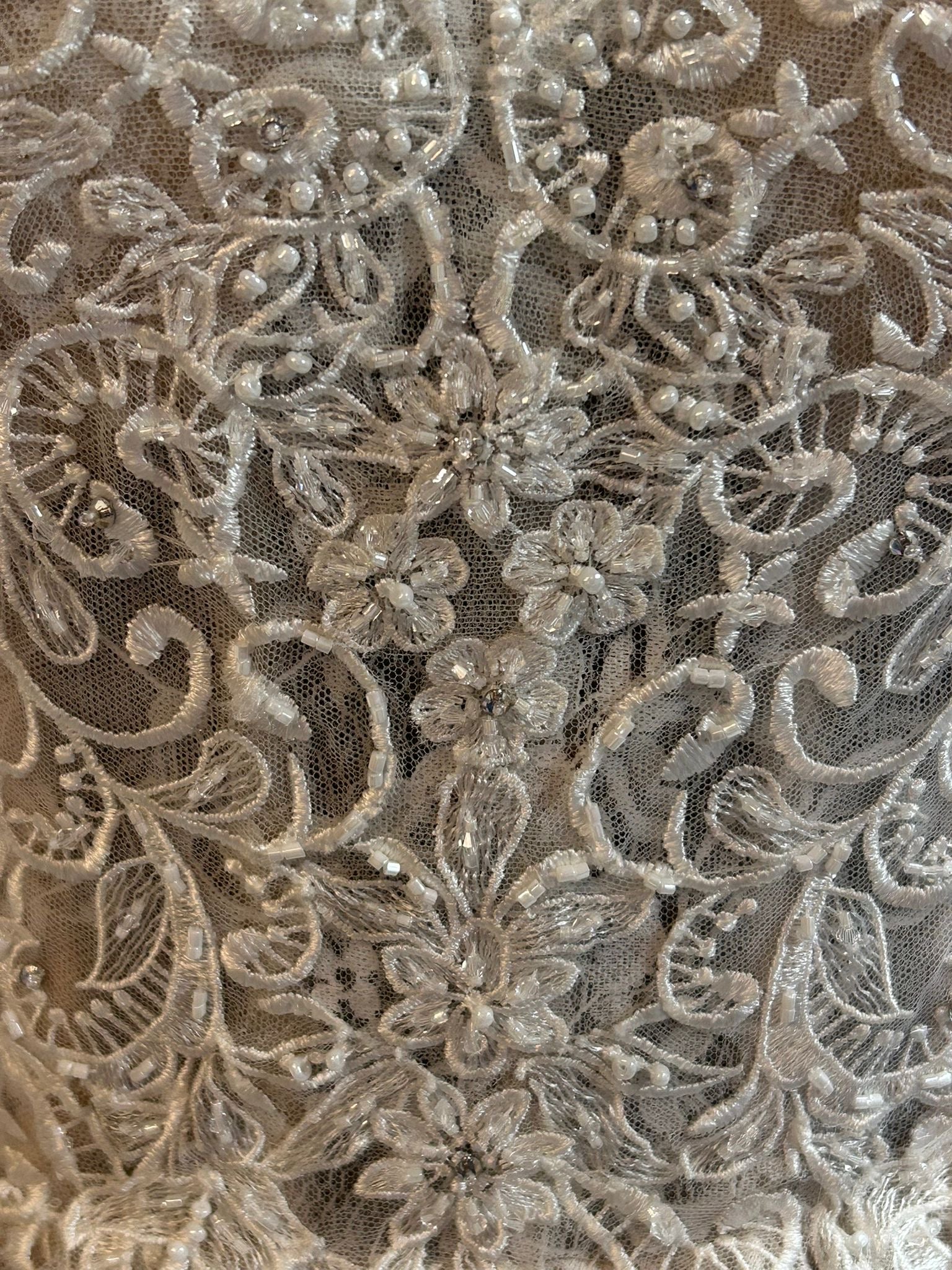 Close-up of intricate lace fabric with floral patterns
