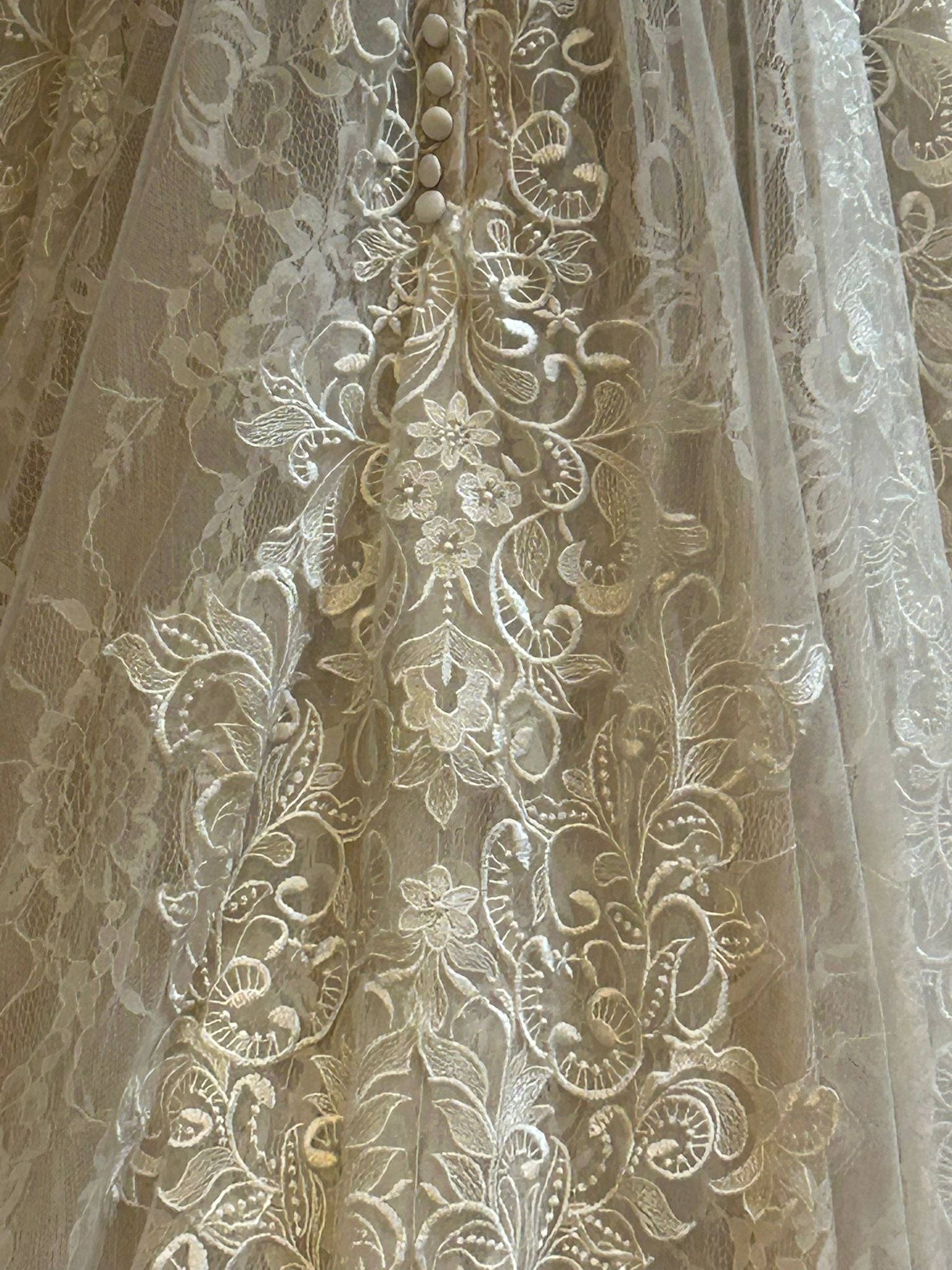 Close-up of intricate lace fabric with floral patterns.