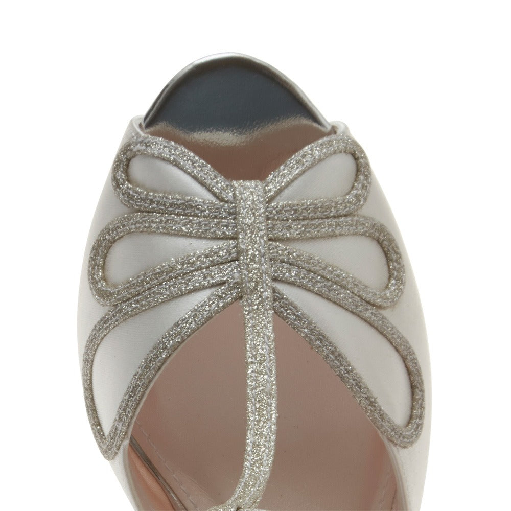 Rainbow Club 'Luciana' Ivory Satin & Silver Fine Shimmer T-Bar Shoes
